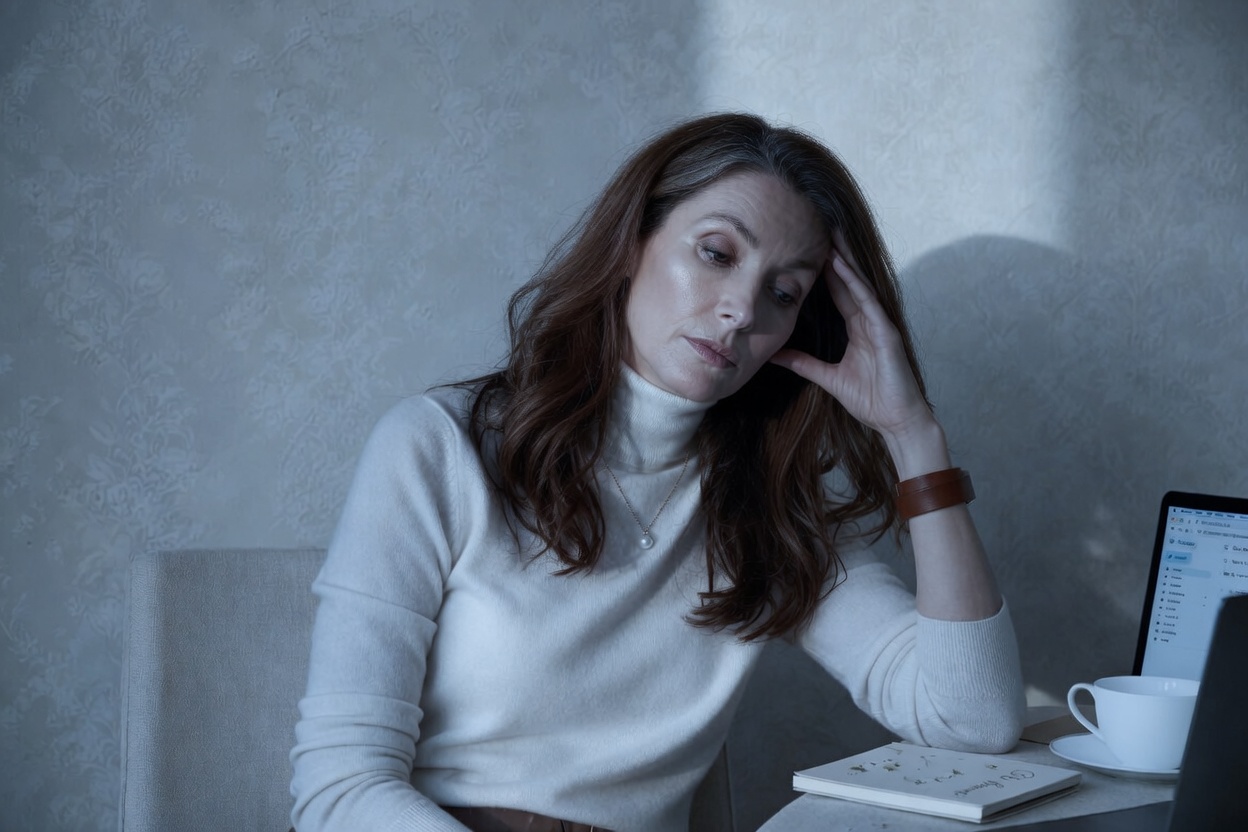 Woman in morning light with a calm focused expression